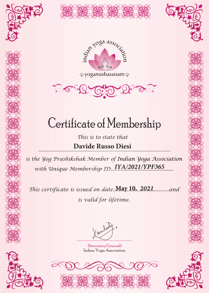 Life-time-membership certification to the Indian Yoga Association